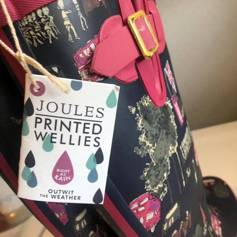 NWT JOULES Welly Print Wellies Tall Rain Boots London Scenery Gray/Pink 5
